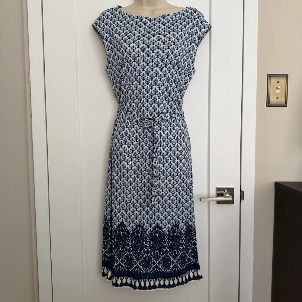 Tory Burch - Jamie Cap Sleeve Belted Sheath Dress - Blue and White